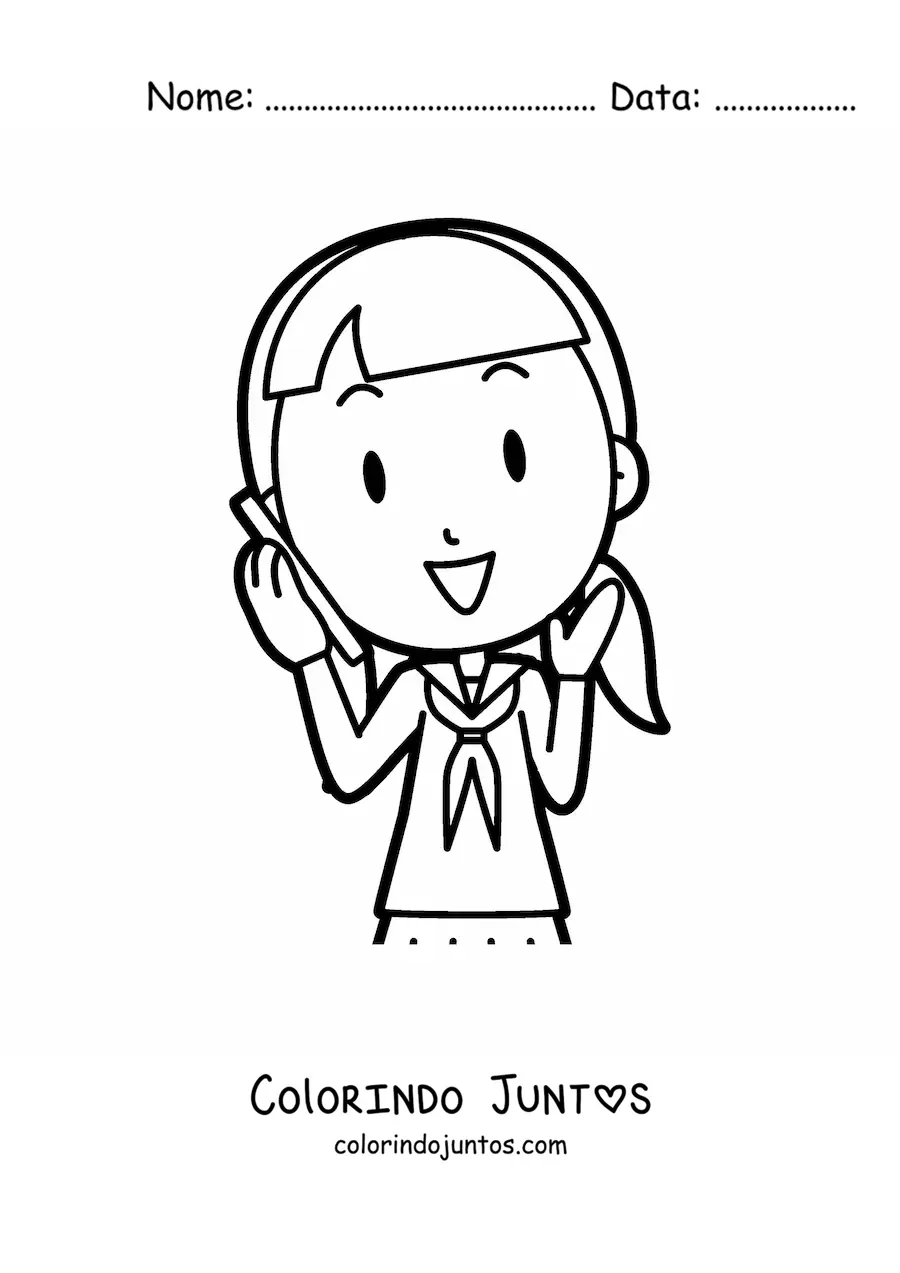 Desenho para colorir de uma menina kawaii fazendo uma ligacao telefonica