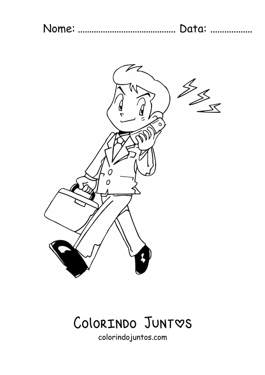 Desenho para colorir de um homem de terno e maleta falando ao telefone antigo