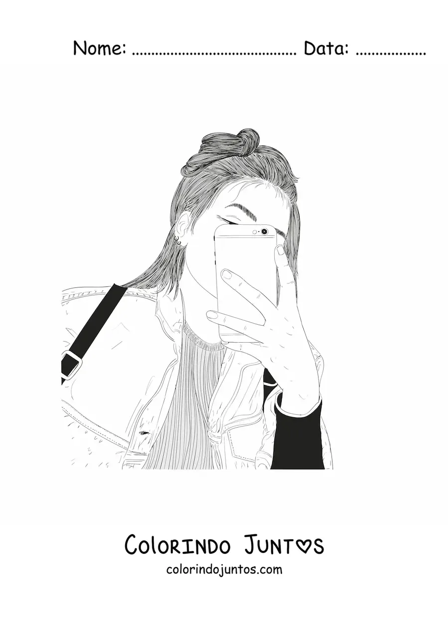 Desenho para colorir de uma menina tirando uma selfie com o celular