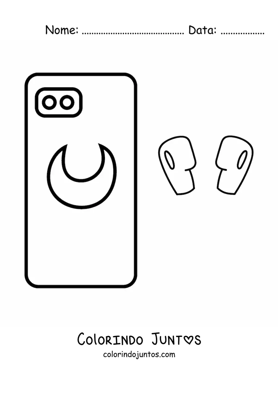 Desenho para colorir de um telefone com um desenho de lua e fones de ouvido sem fio
