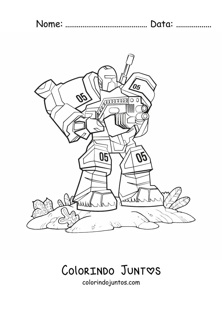 Desenho para colorir de um robo de guerra com uma arma