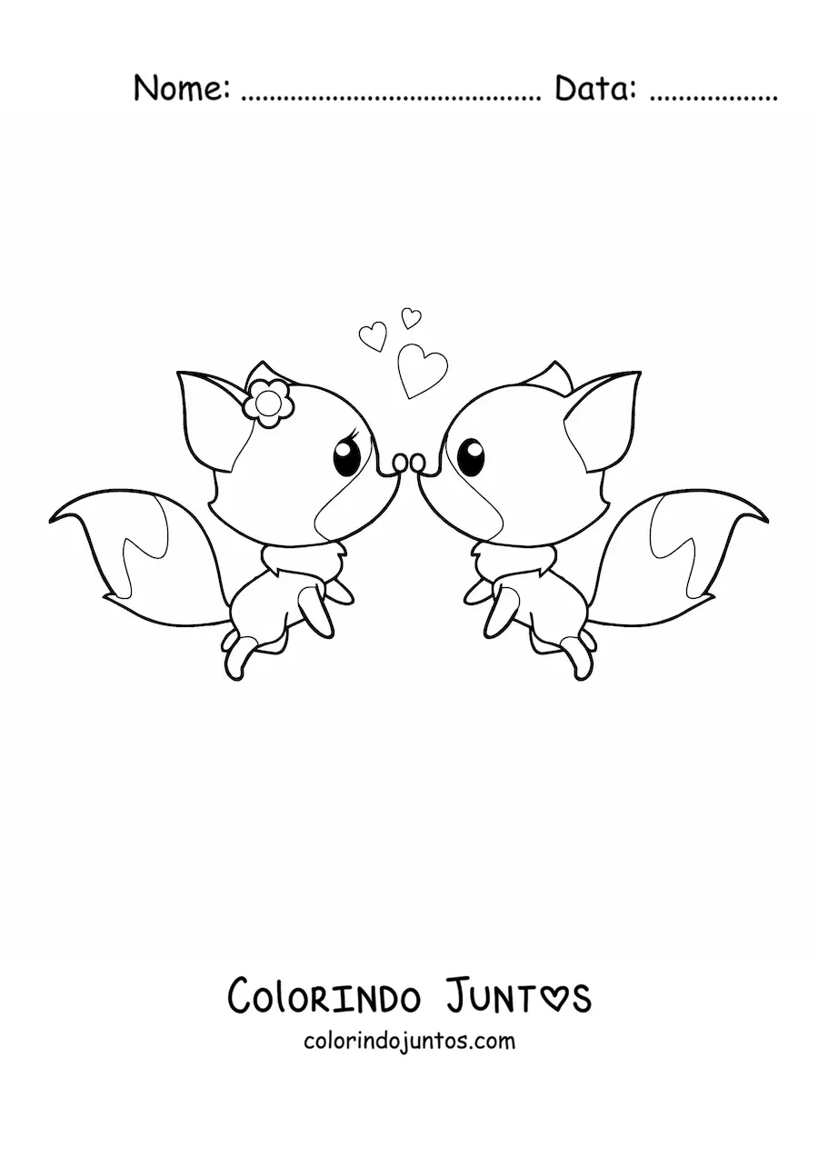 Desenho para colorir de um casal de raposas kawaii animadas unindo os narizes