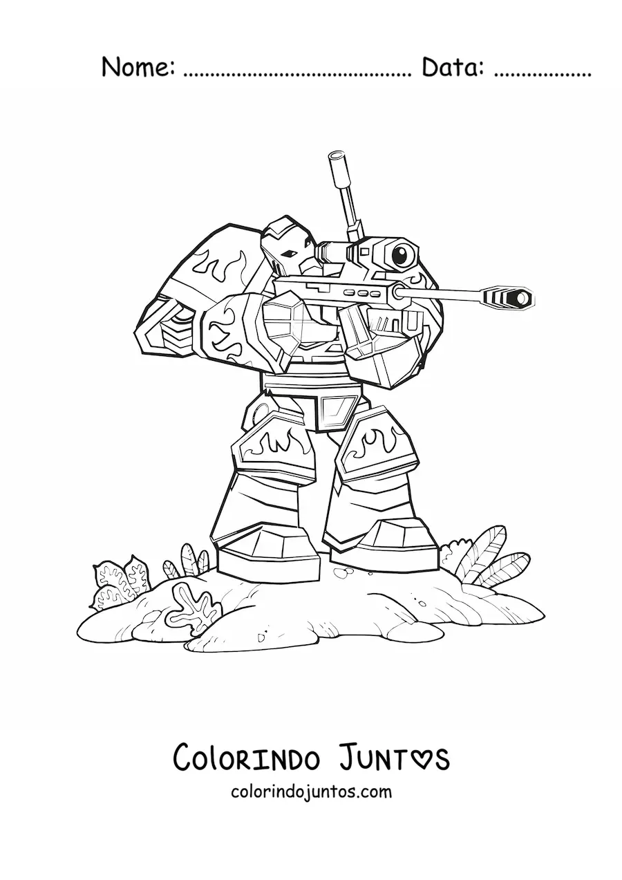 Desenho para colorir de um robo de guerra disparando uma arma