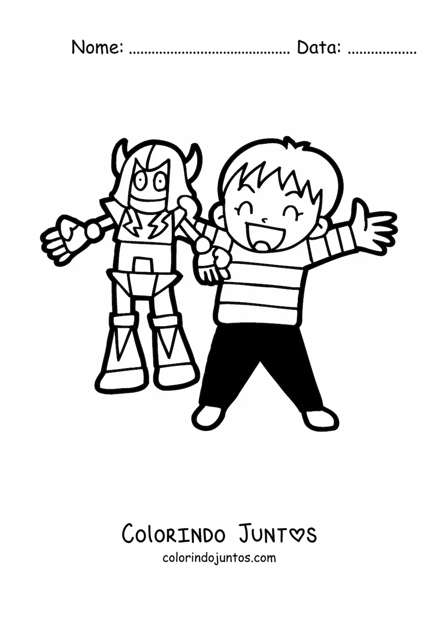Desenho para colorir de um menino com um robo de brinquedo