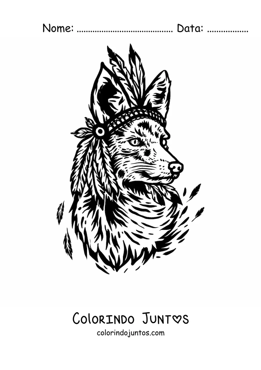Desenho para colorir de uma raposa selvagem com um cocar de penas de índio