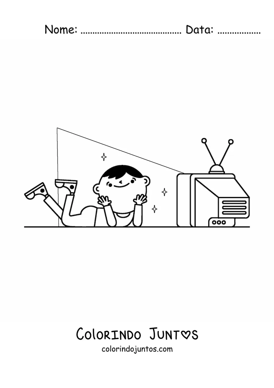 Desenho para colorir de um menino assistindo televisao