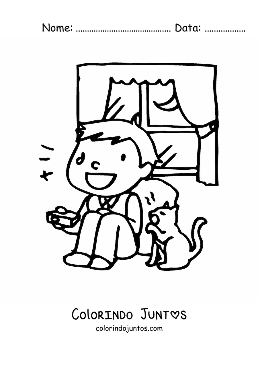 Desenho para colorir de um menino assistindo televisao sentado no sofa