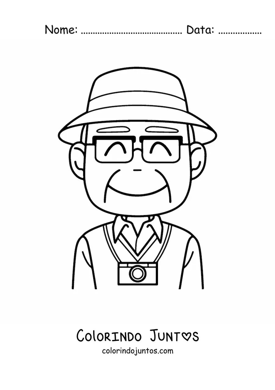 Desenho para colorir de um turista com uma camera fotografica