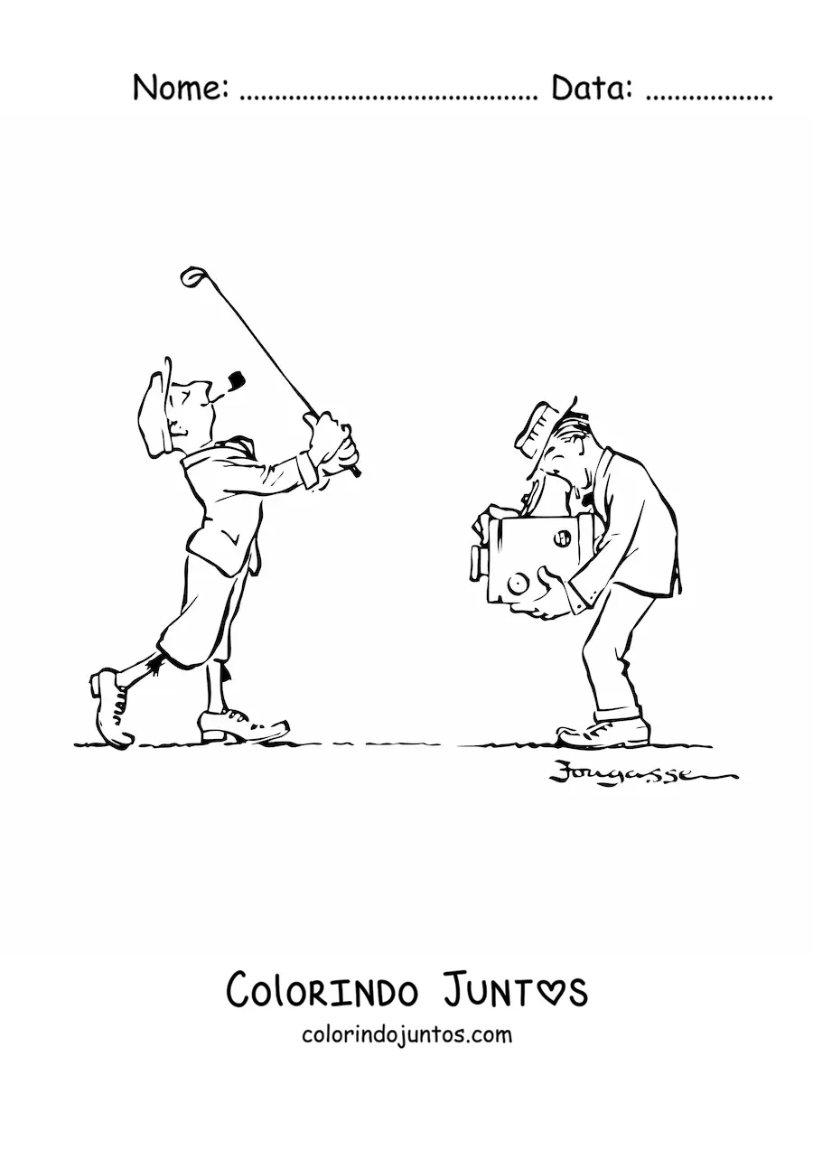 Desenho para colorir de um golfista e uma camera antiga