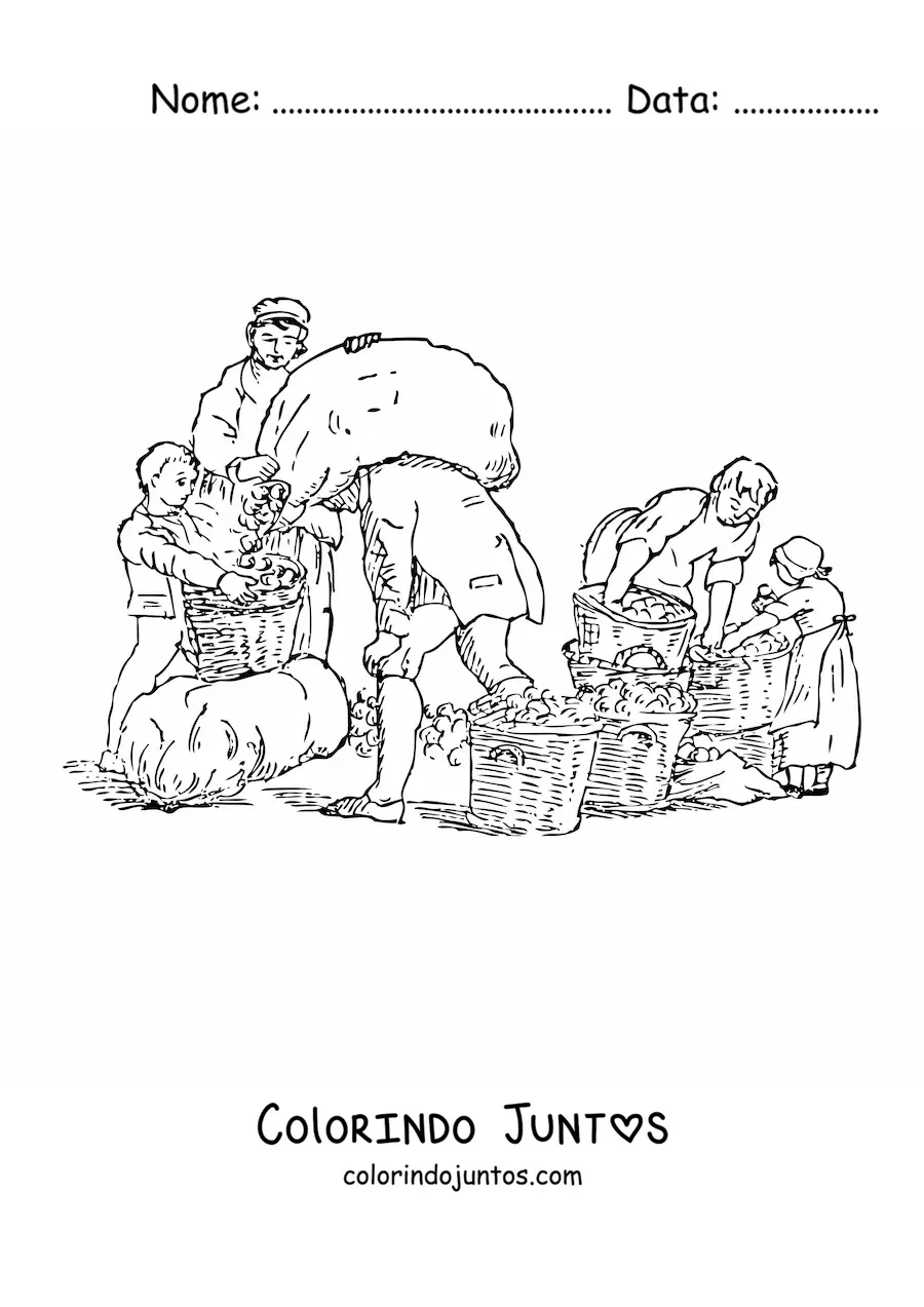 Desenho para colorir de camponeses colhendo maçãs com cestas e sacos
