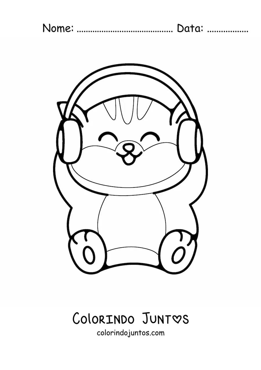 Desenho para colorir de um gato kawaii animado com fones de ouvido na cabeca
