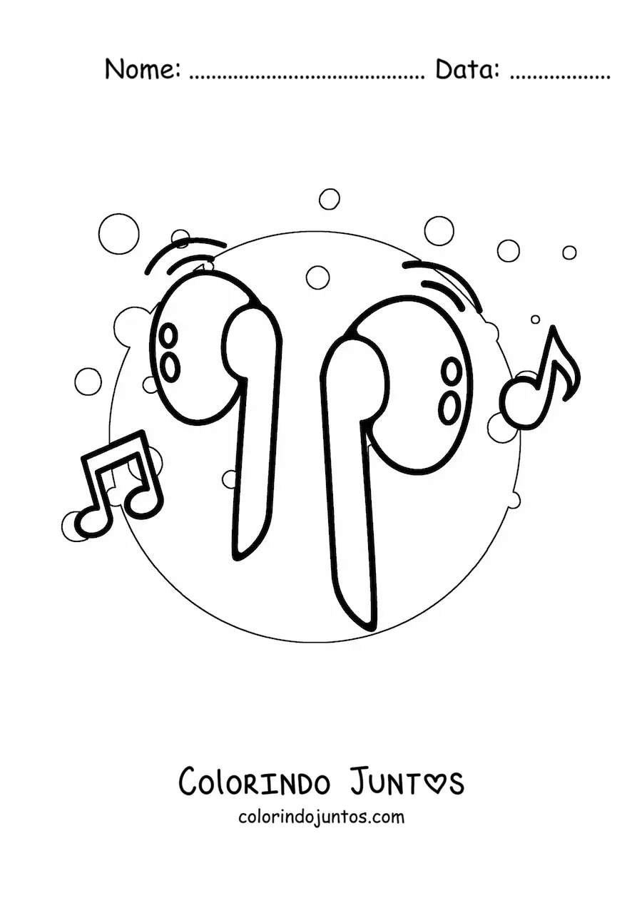 Desenho para colorir de fones de ouvido sem fio com notas musicais