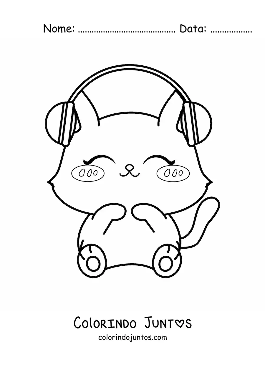 Desenho para colorir de um gato kawaii ouvindo musica