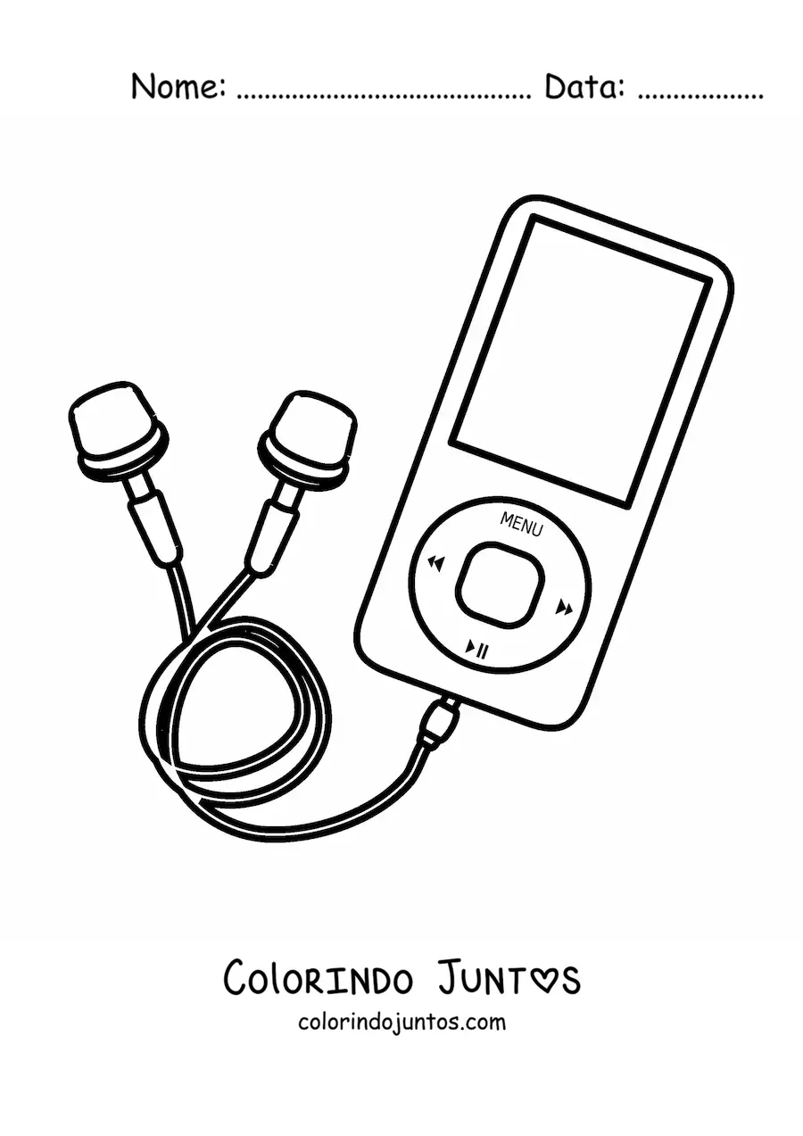 Desenho para colorir de um tocador de musica com fones de ouvido conectados