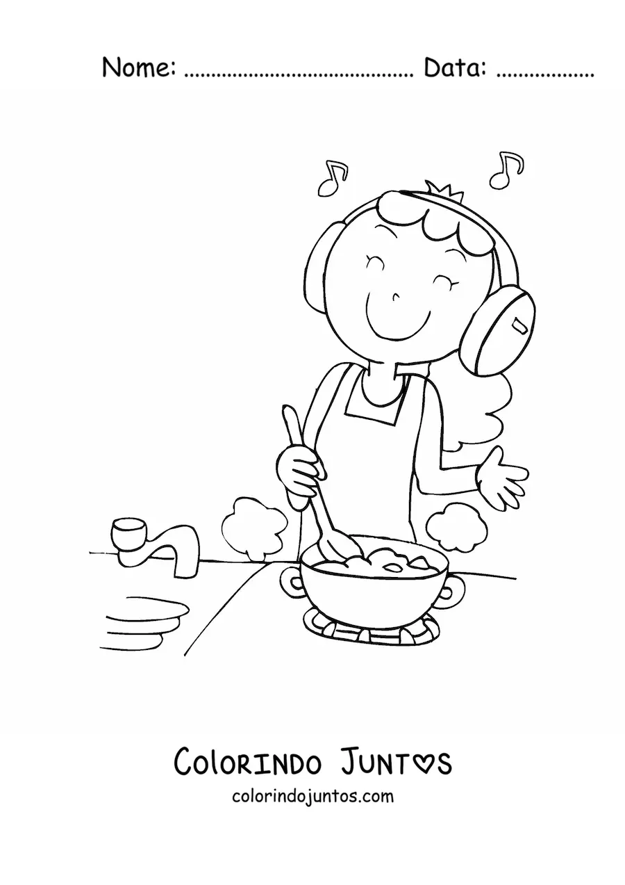 Desenho para colorir de uma mulher cozinhando enquanto ouve musica