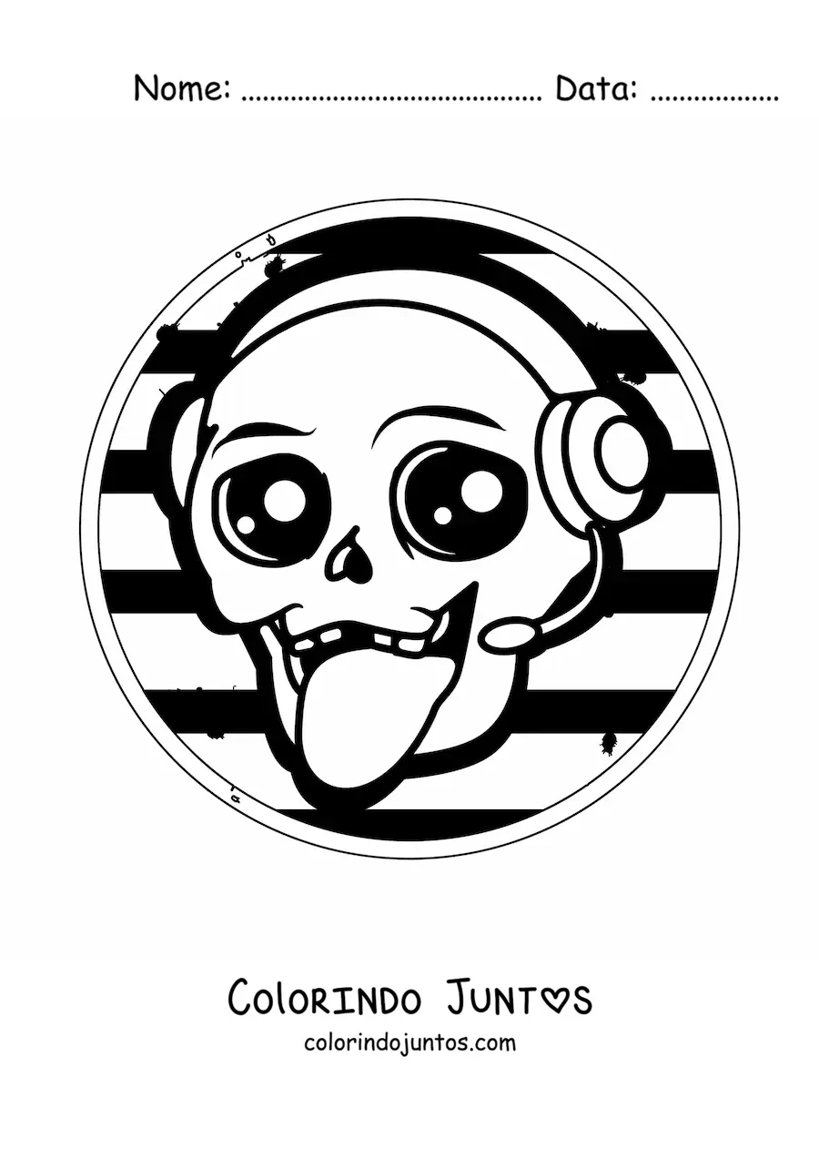 Desenho para colorir de uma caveira animada ouvindo musica
