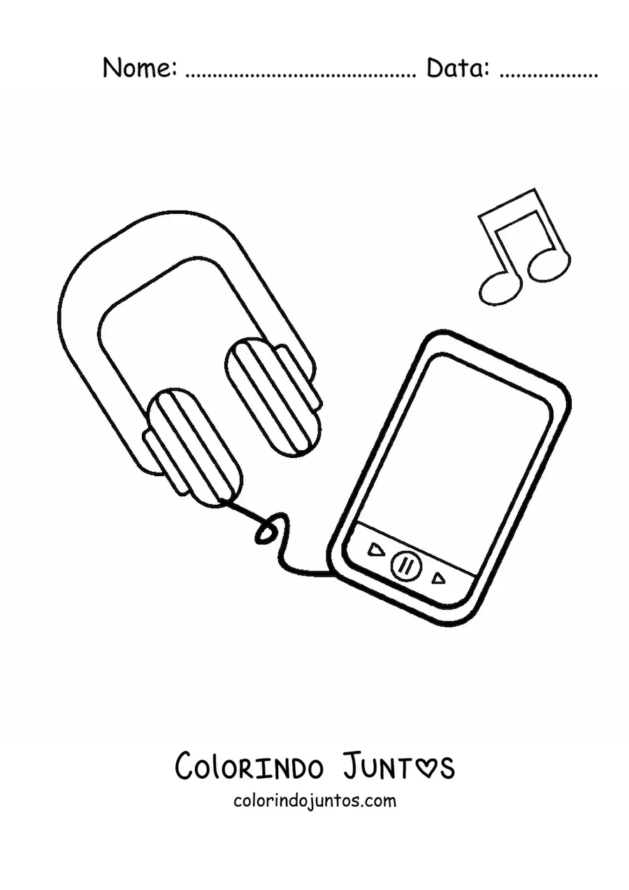 Desenho para colorir de um smartphone com fones de ouvido e notas musicais