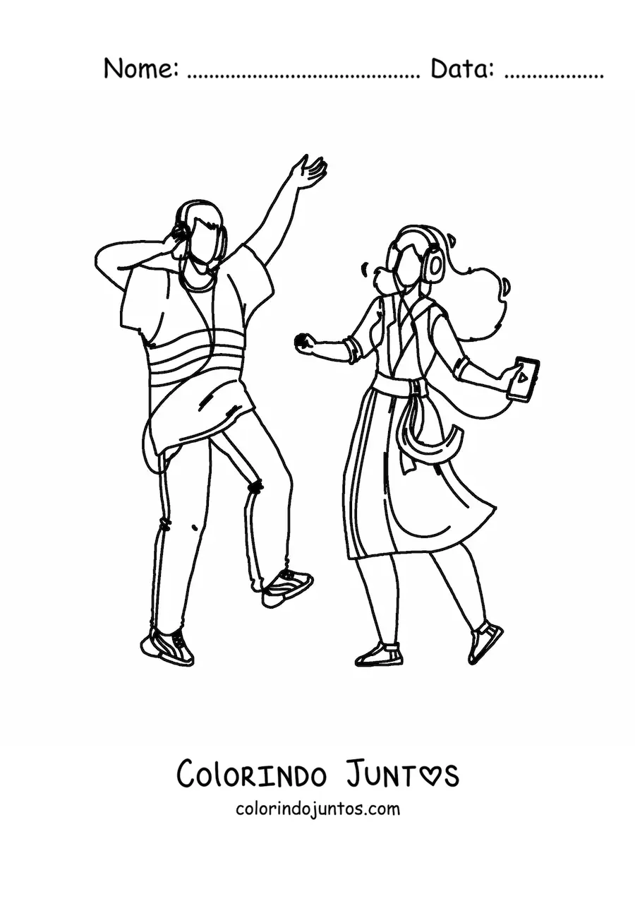 Desenho para colorir de um casal dancando com fones de ouvido