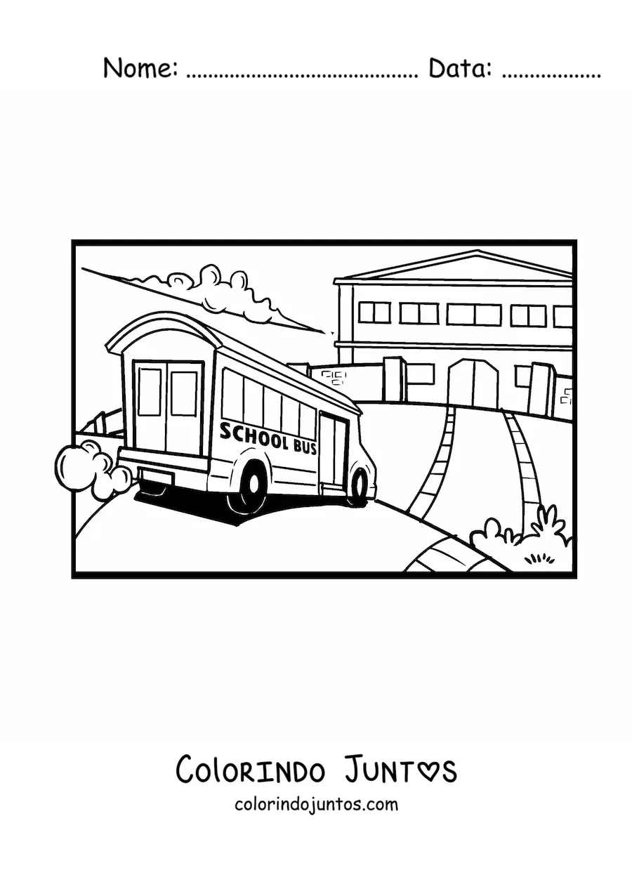Desenho para colorir de um onibus escolar chegando a escola