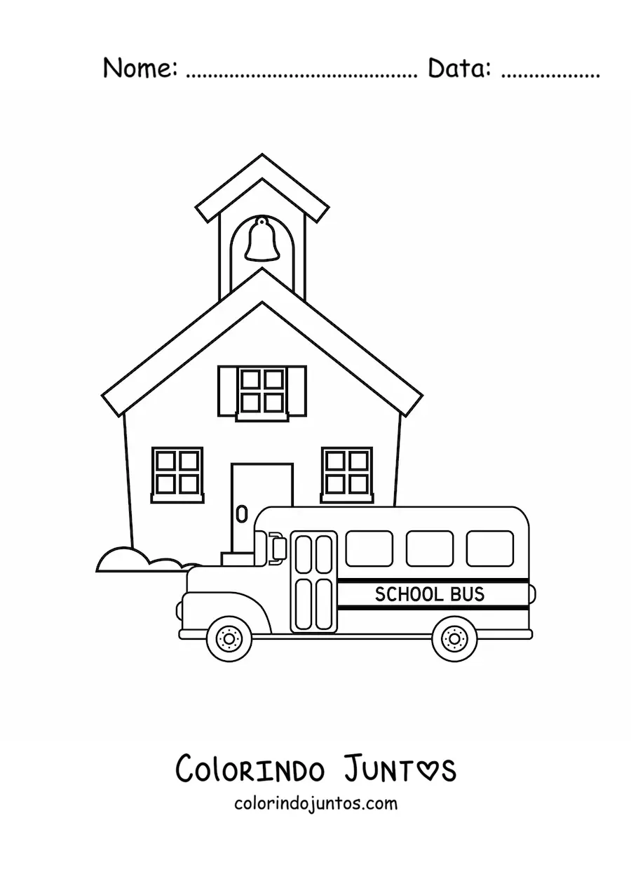 Desenho para colorir de um onibus escolar na escola
