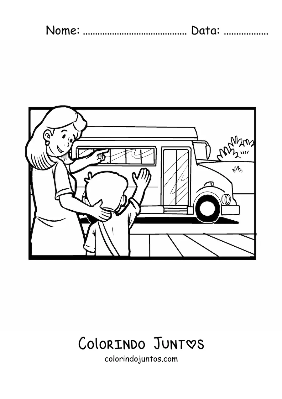 Desenho para colorir de um menino pegando o onibus escolar