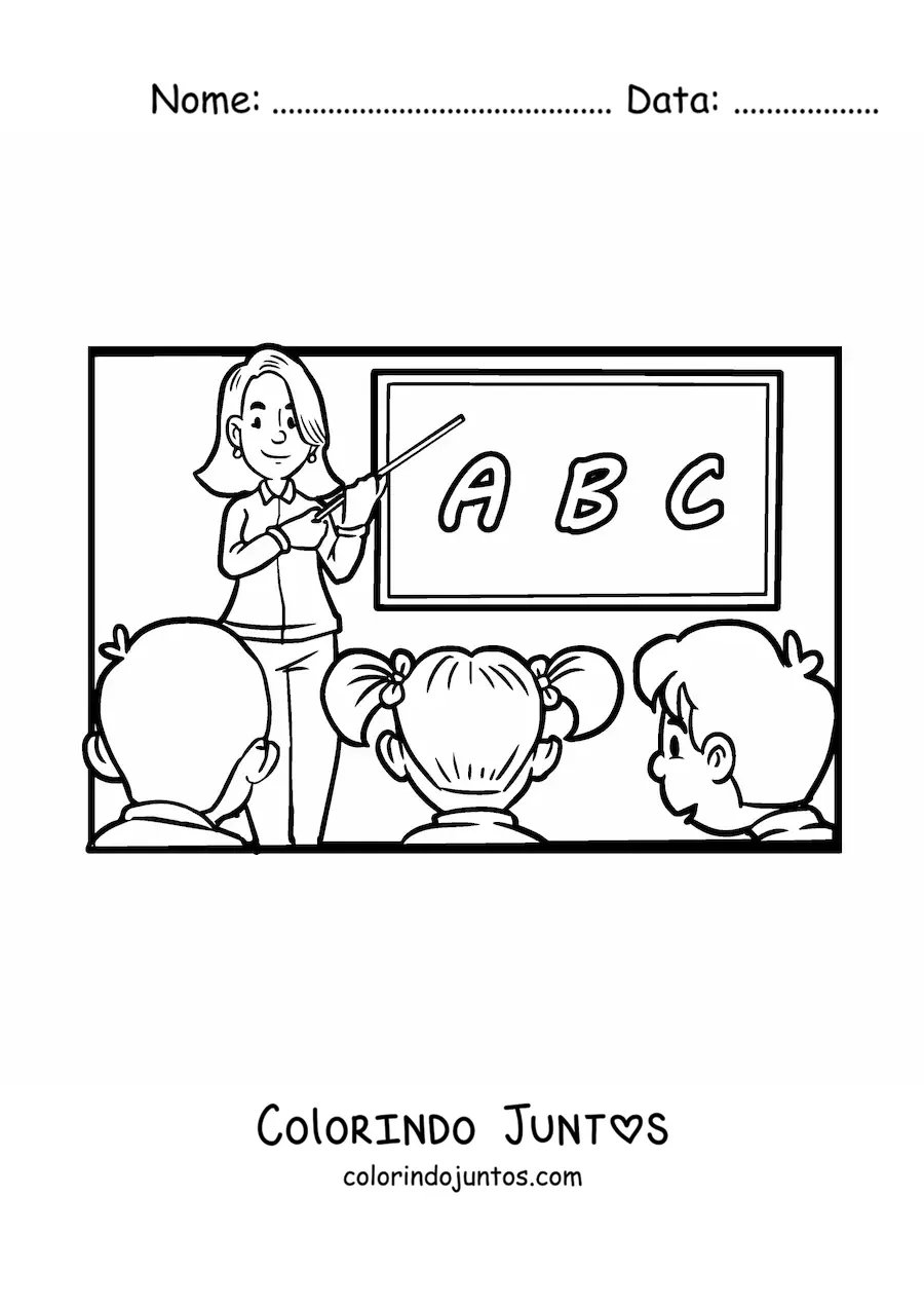 Desenho para colorir de uma professora e os alunos do ensino fundamental na sala de aula