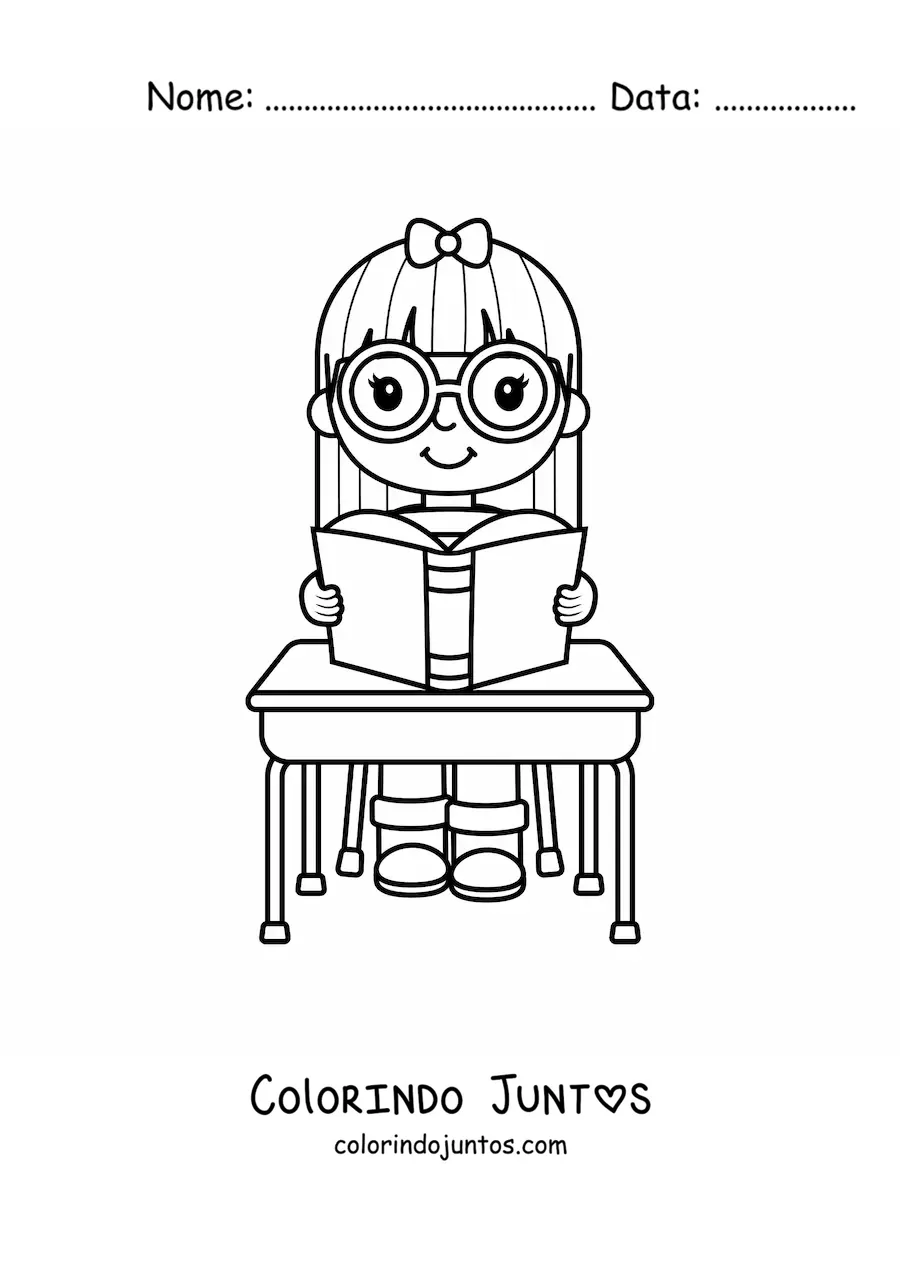 Desenho para colorir de uma menina kawaii lendo um livro na carteira