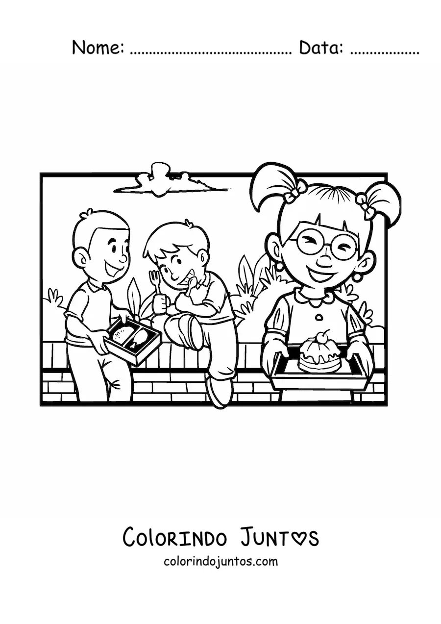 Desenho para colorir de umas criancas almocando no recreio