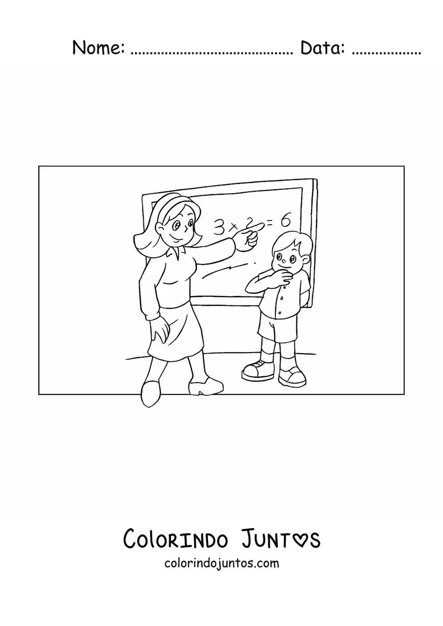 Desenho para colorir de uma professora e um menino na aula de matematica