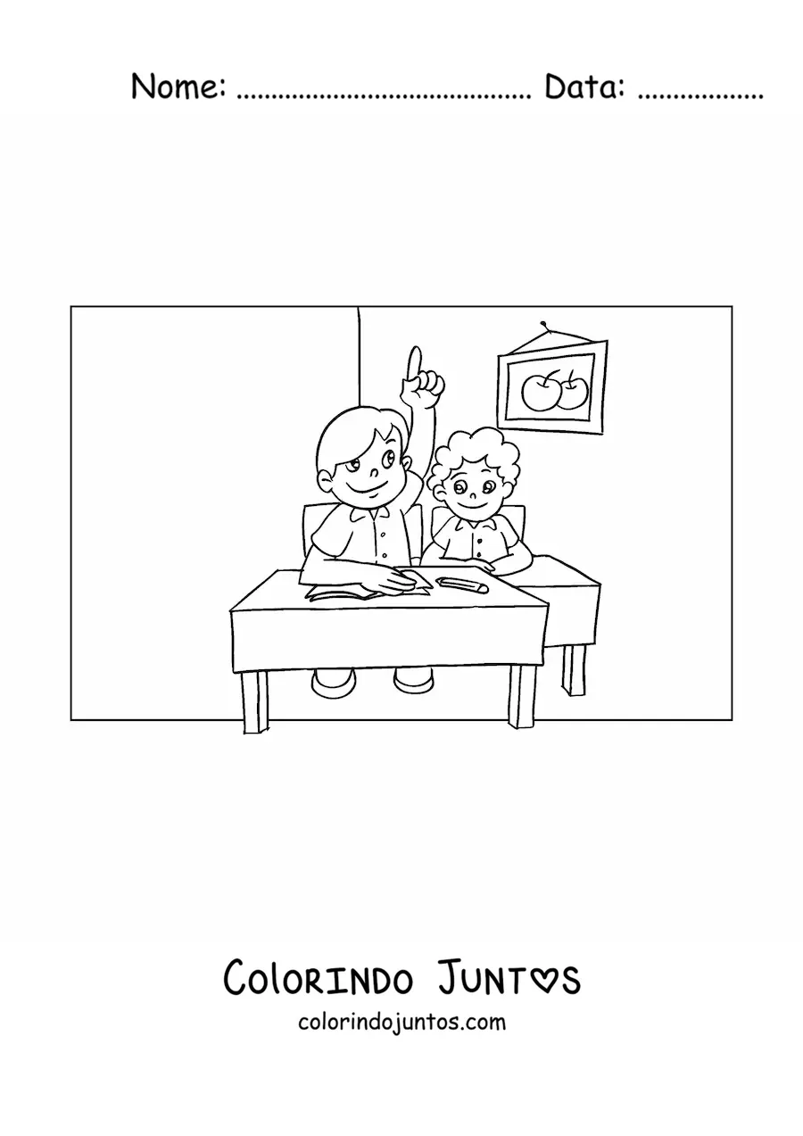 Desenho para colorir de um aluno levantando a mao na sala do ensino fundamental