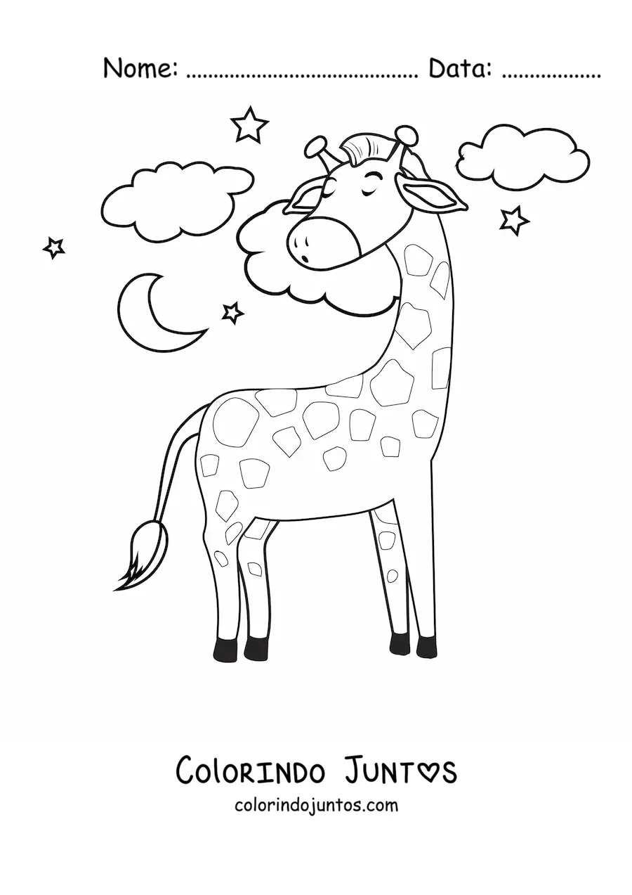 Desenho para colorir de uma girafa animada dormindo em pé junto à lua e algumas nuvens