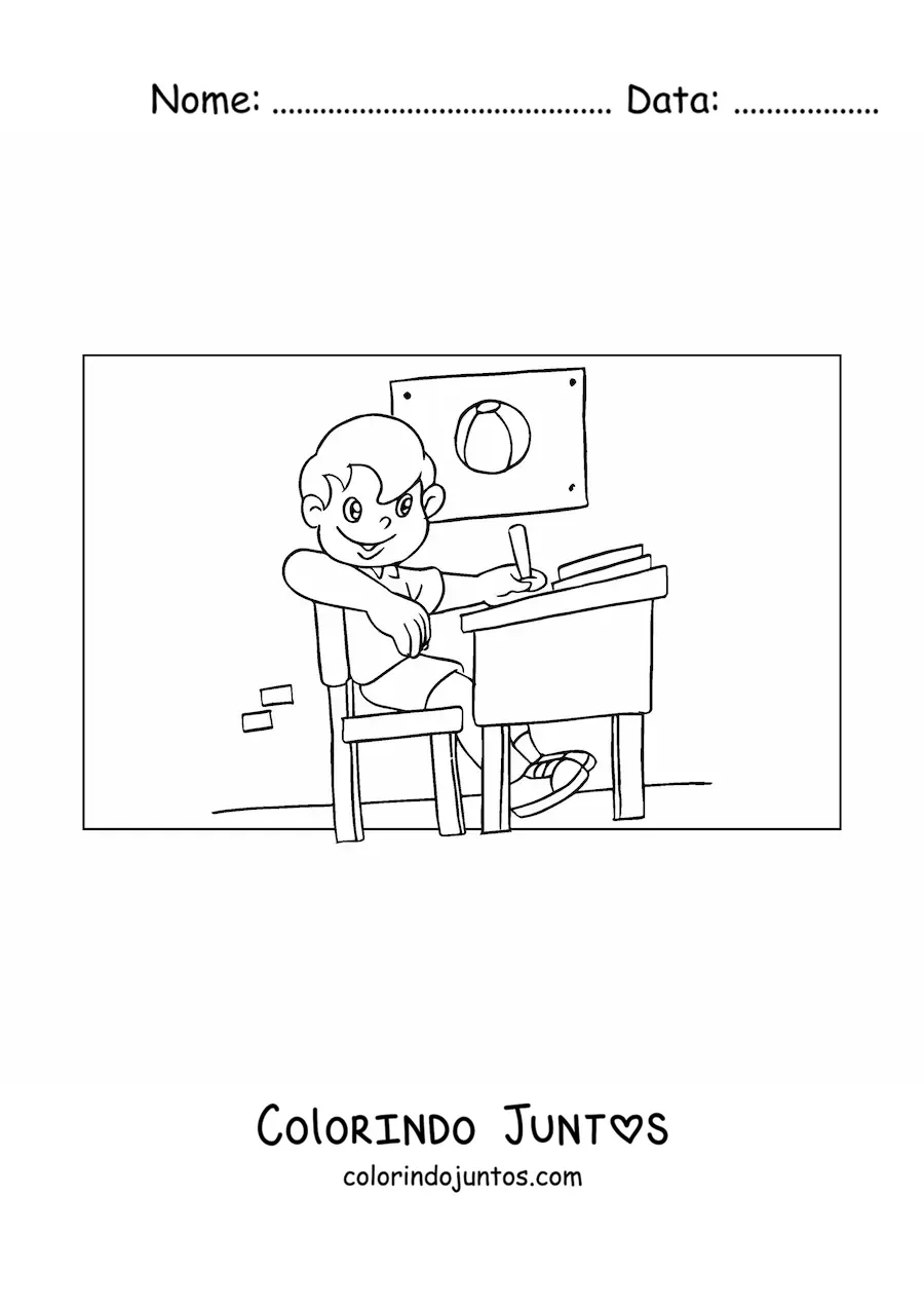 Desenho para colorir de um menino fazendo tarefa na sala de aula
