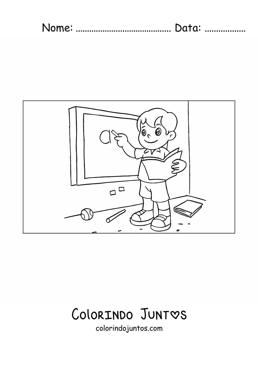 Desenho para colorir de um menino escrevendo na lousa
