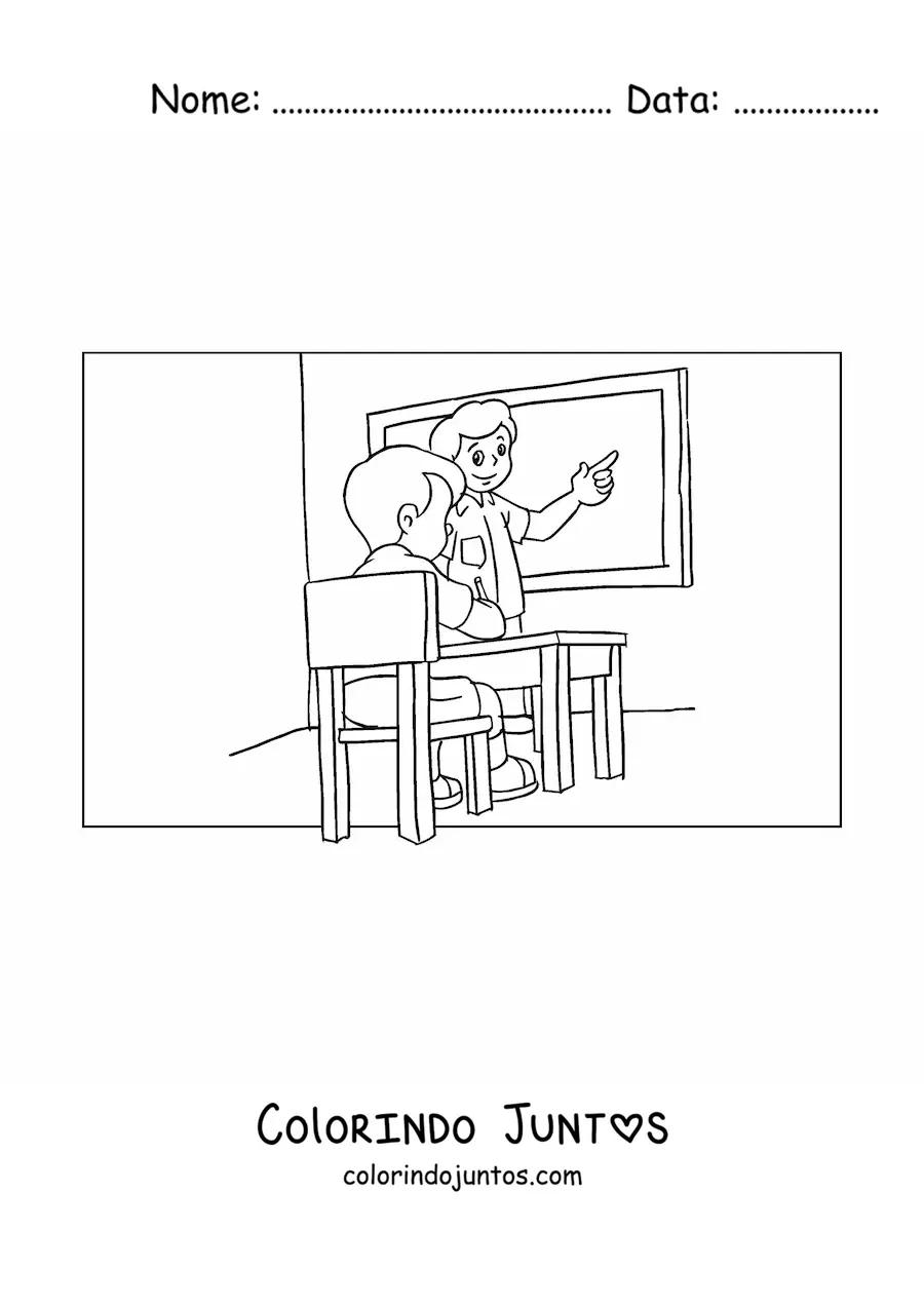 Desenho para colorir de um professor ensinando um aluno na sala de aula