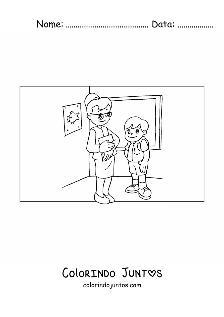 Desenho para colorir de uma professora e um aluno na sala do ensino fundamental