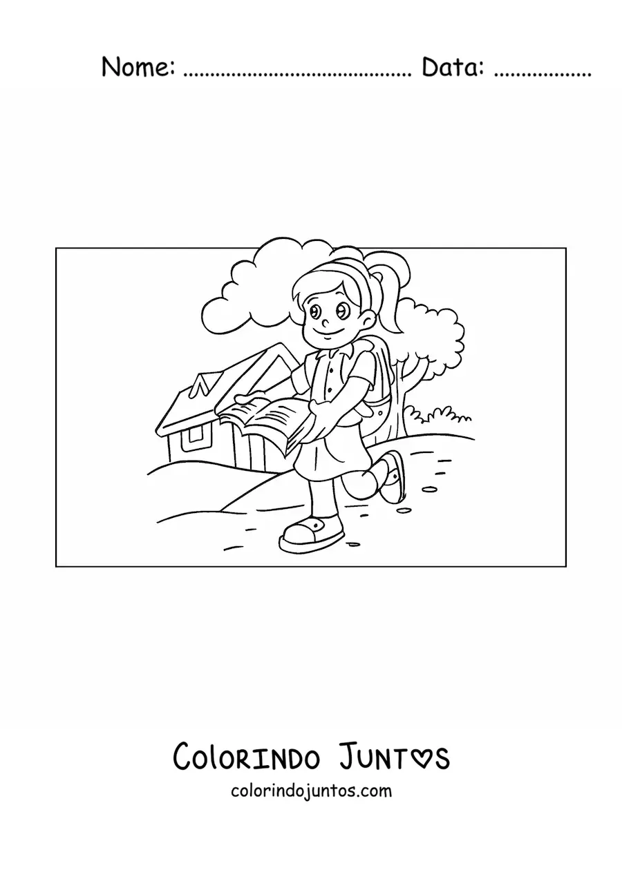 Desenho para colorir de uma menina com um livro para fazer a tarefa