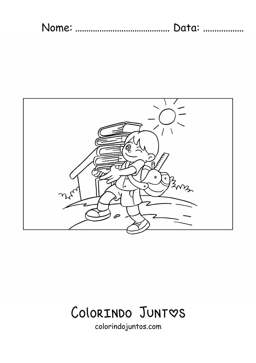 Desenho para colorir de um menino carregando livros para fazer a tarefa