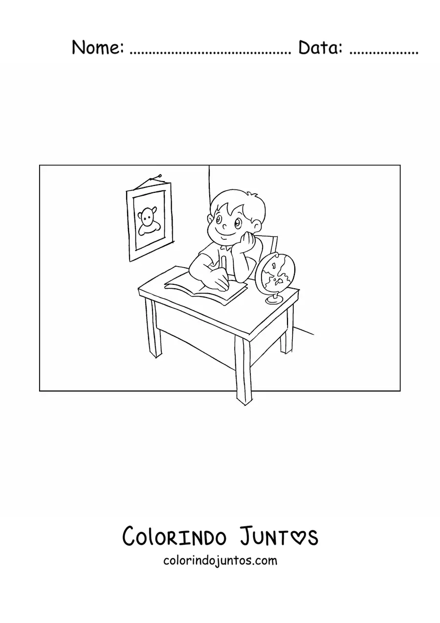 Desenho para colorir de um menino sentado na carteira fazendo tarefa