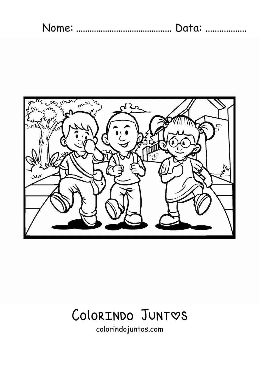 Desenho para colorir de tres criancas caminhando para a escola