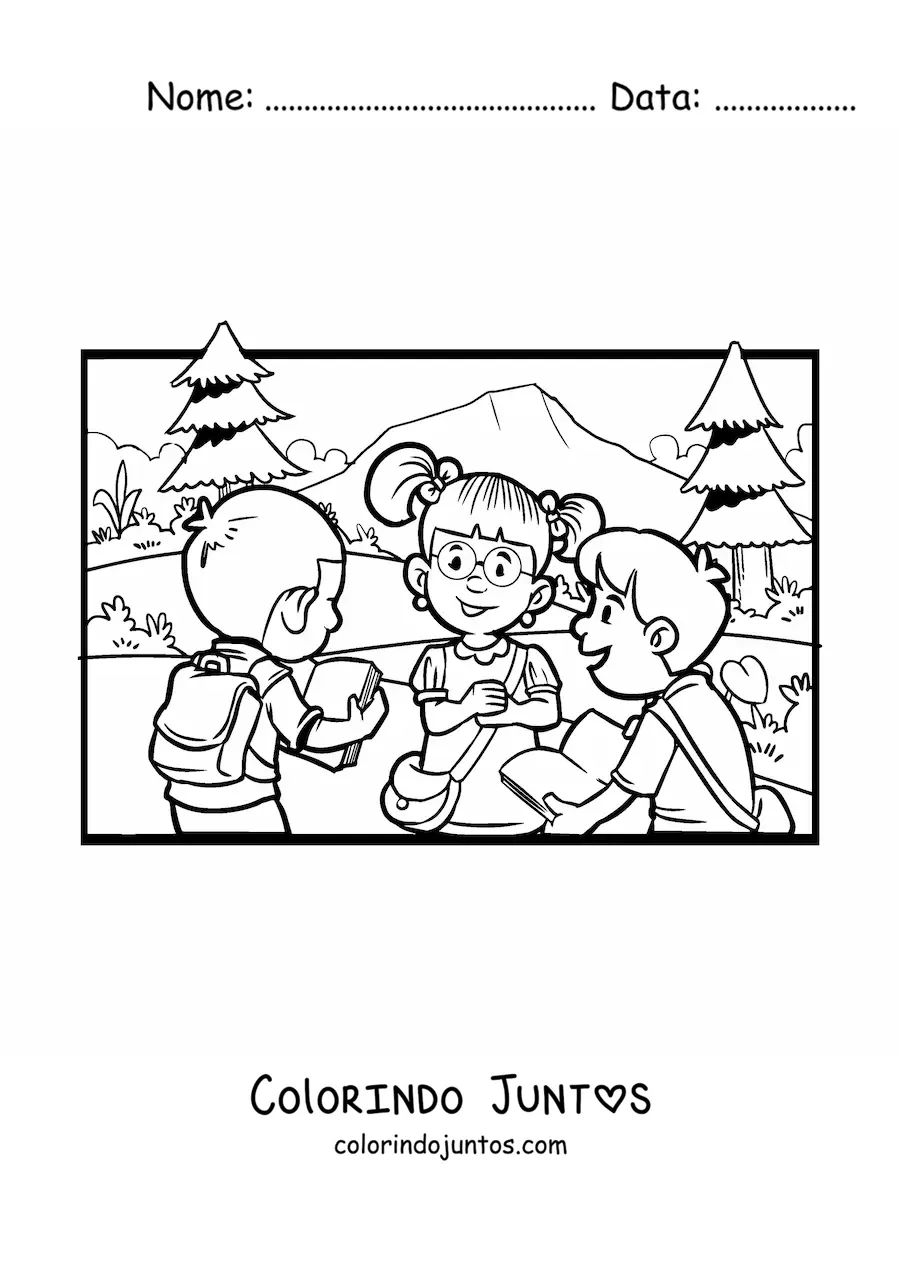 Desenho para colorir de tres criancas no patio da escola