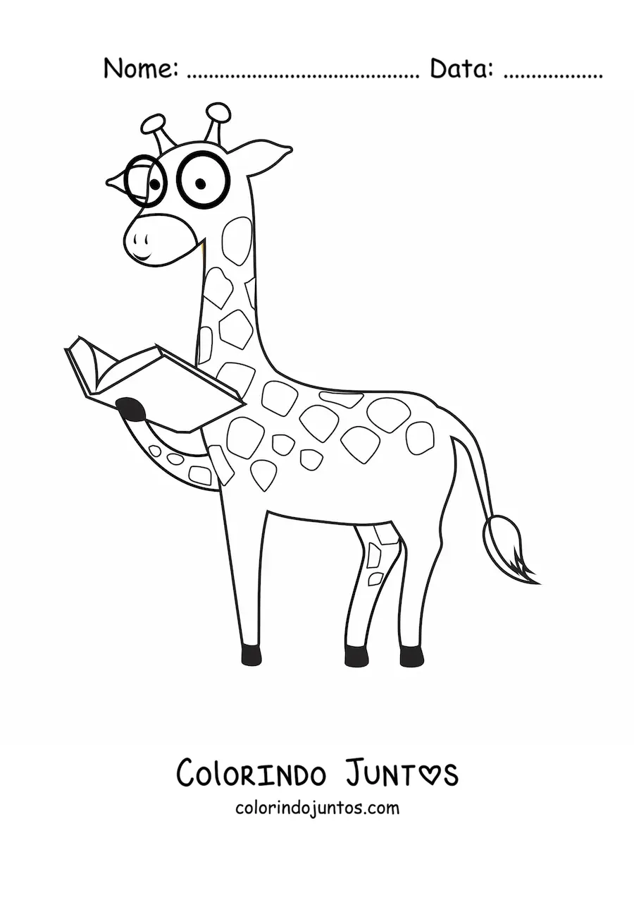 Desenho para colorir de uma girafa animada de óculos lendo um livro