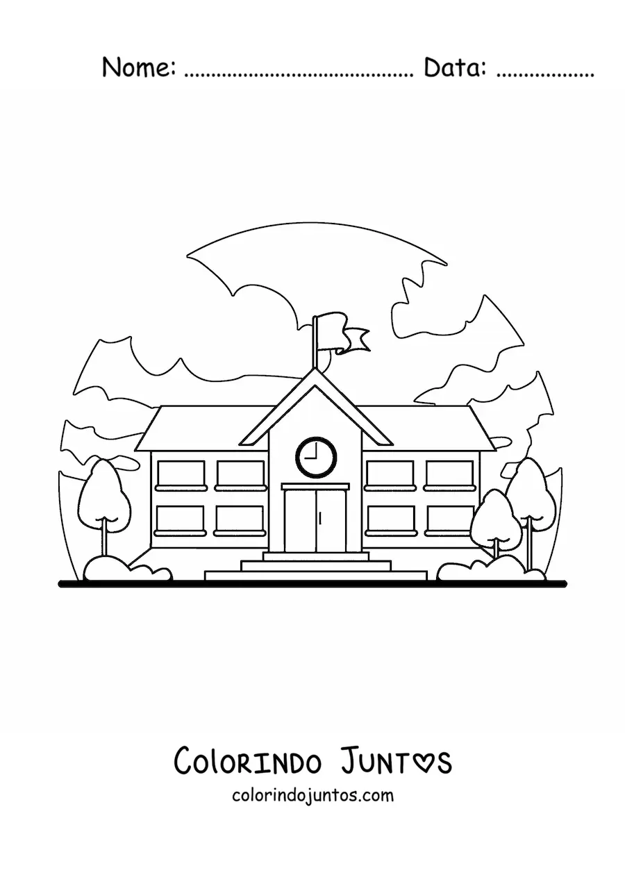 Desenho para colorir de uma escola com paisagem