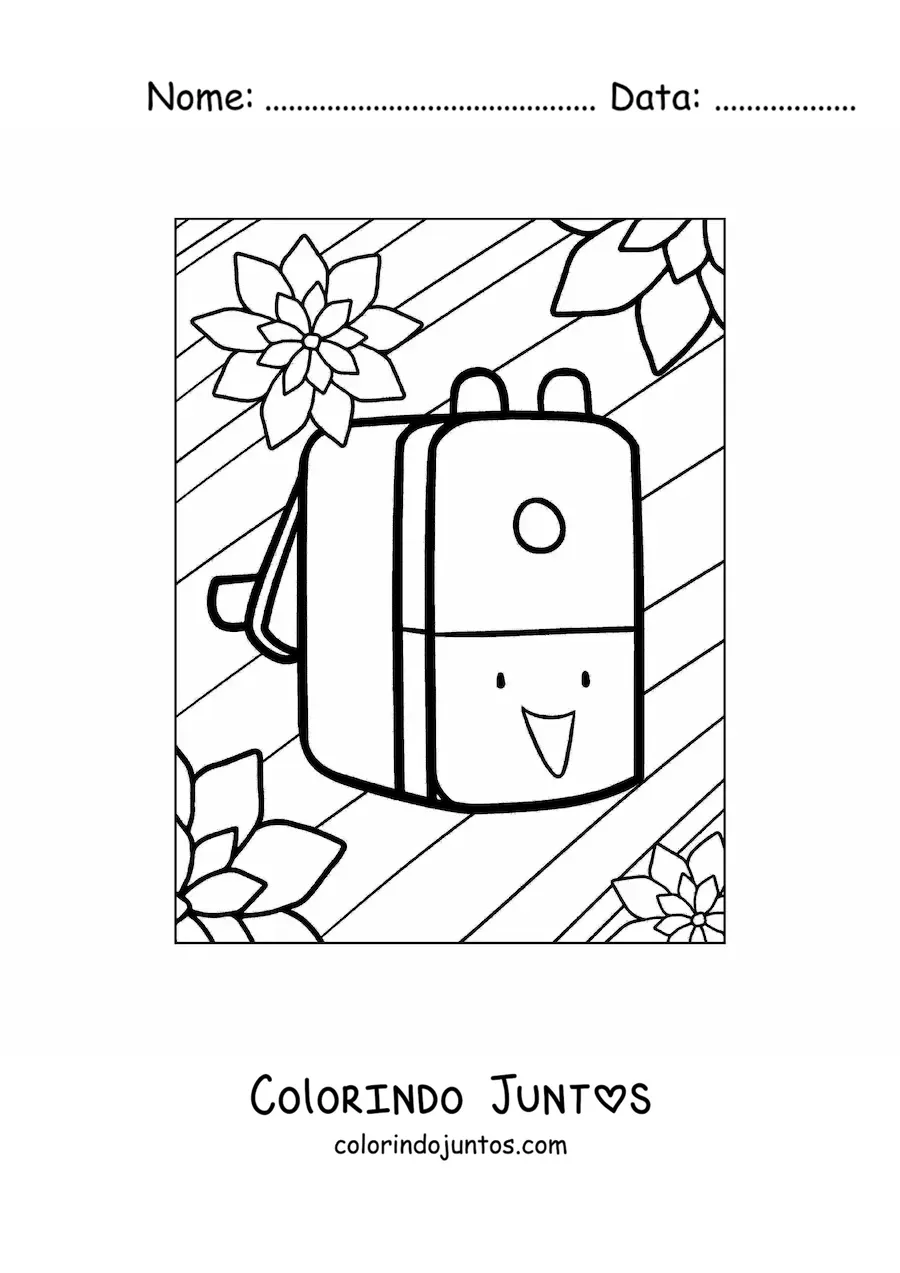 Desenho para colorir de uma mochila escolar kawaii com flores