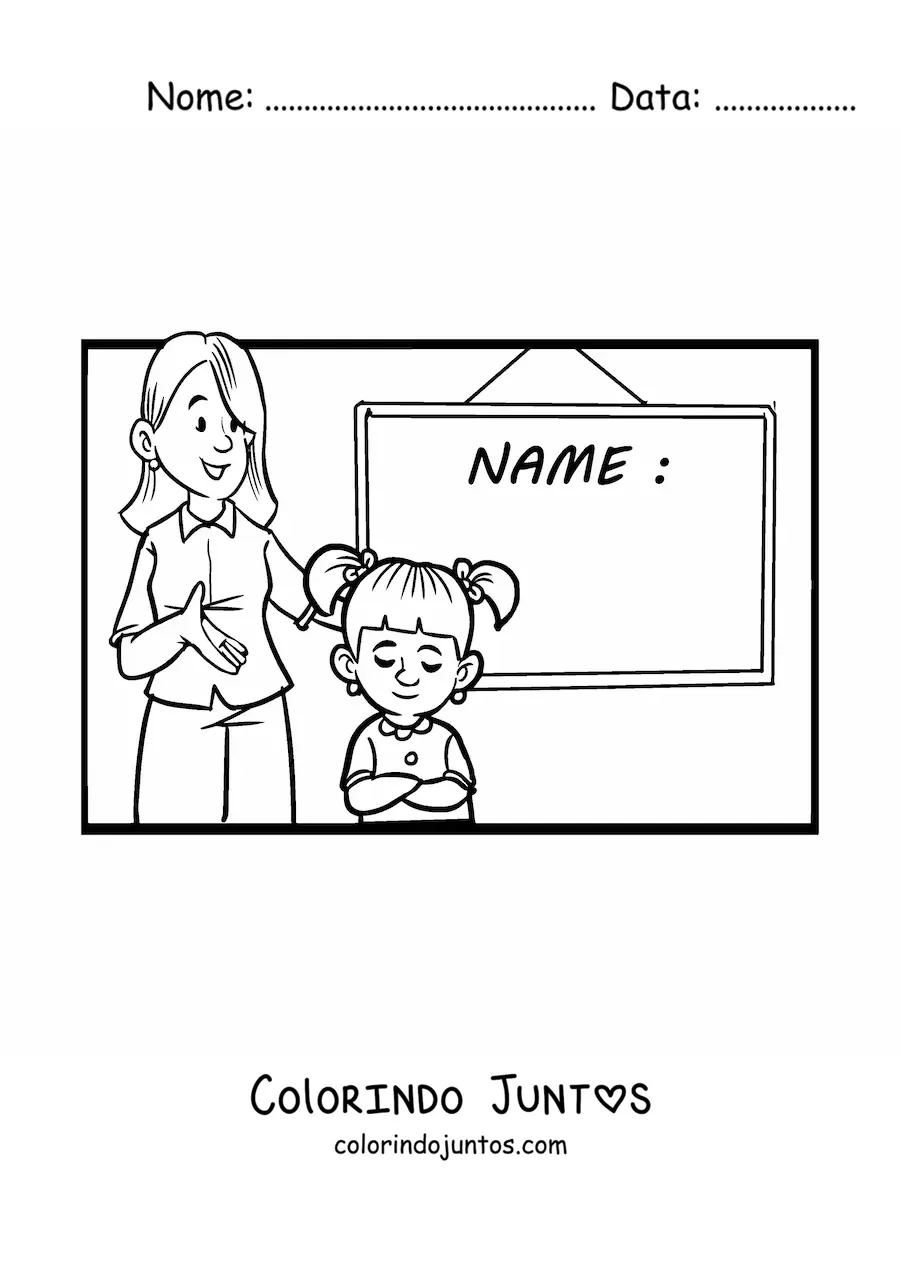 Desenho para colorir de uma professora e uma aluna ao lado de uma lousa