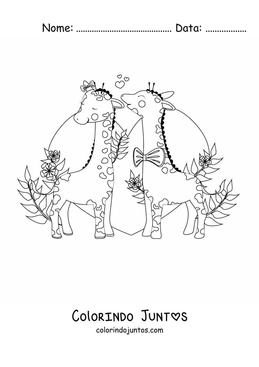 Desenho para colorir de um casal romântico de girafas animadas com um coração ao fundo
