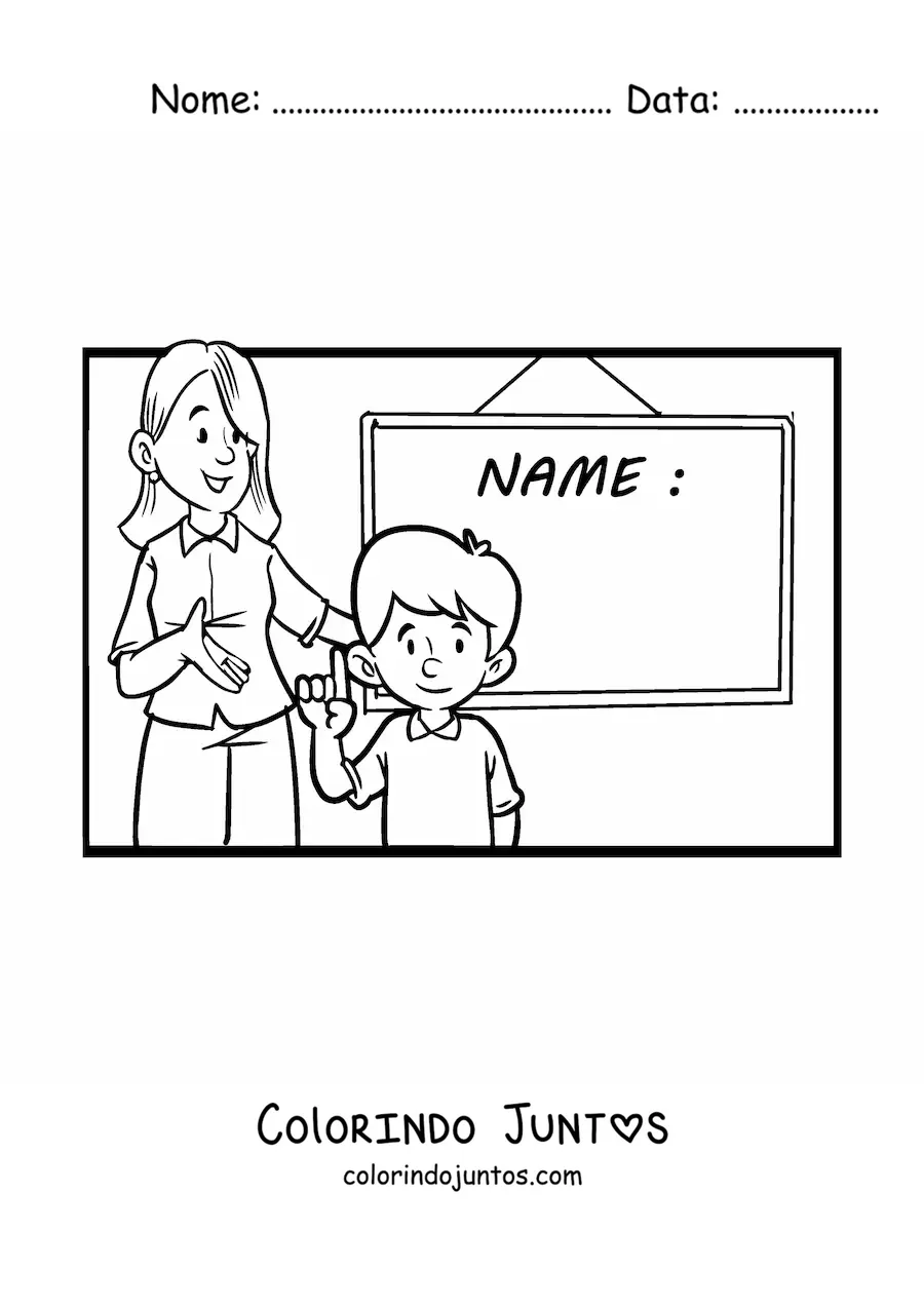 Desenho para colorir de uma professora e um aluno ao lado de uma lousa