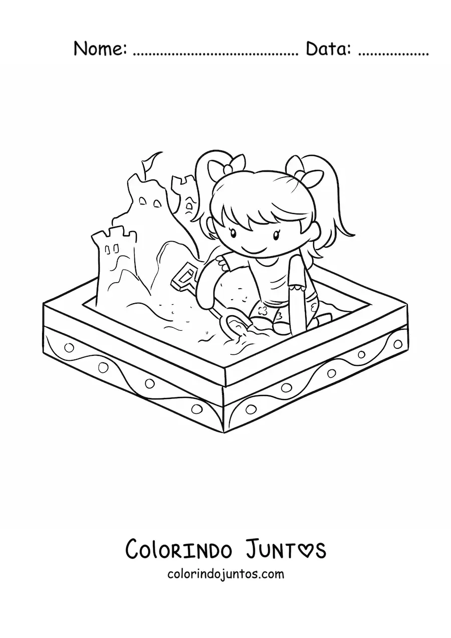 Desenho para colorir de uma menina brincando na caixa de areia