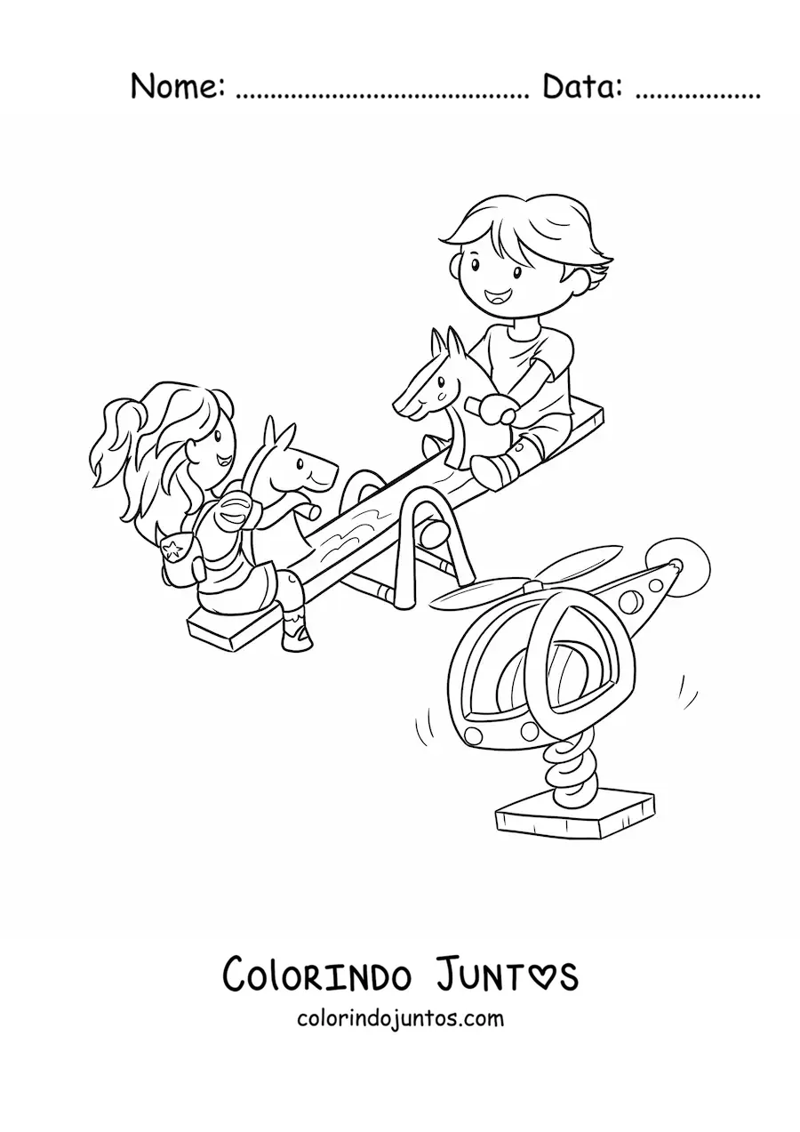 Desenho para colorir de duas crianças brincando na gangorra do parque