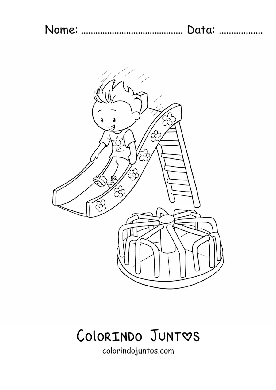 Desenho para colorir de um menino escorregando no escorregador do parque