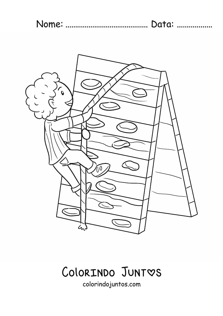 Desenho para colorir de um menino escalando o muro de escalada